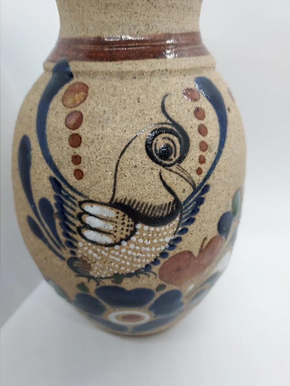 Vintage Tonala Sandstone Mexican Pottery Vases Flowers Floral Blue Brown (2)